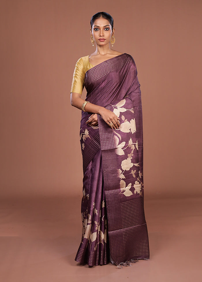 Purple Tussar Silk Saree With Blouse Piece