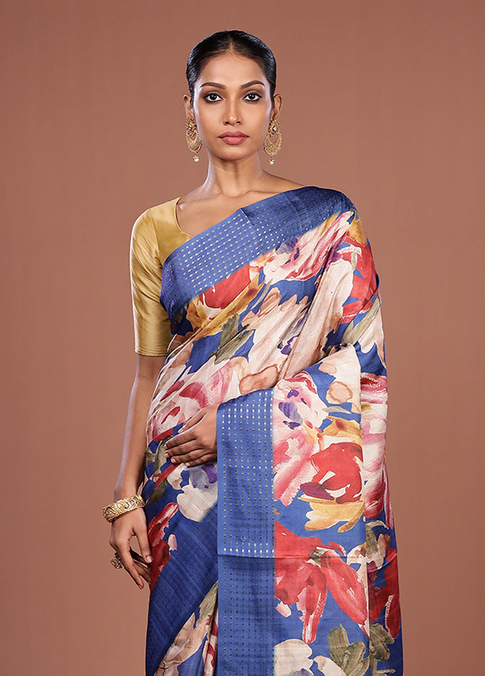 Blue Tussar Silk Saree With Blouse Piece