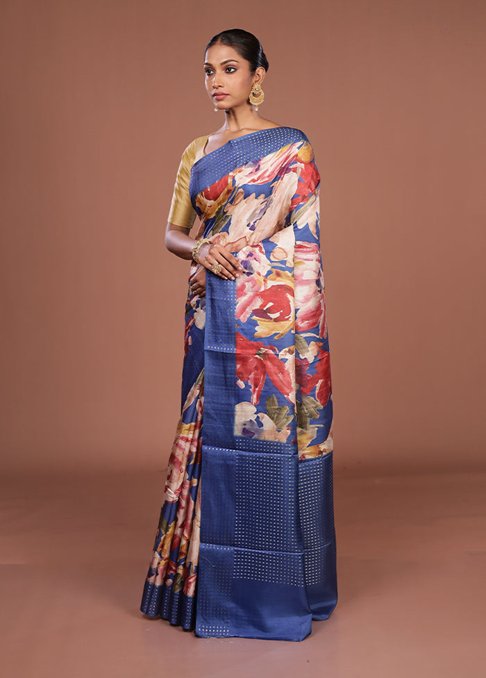 Blue Tussar Silk Saree With Blouse Piece