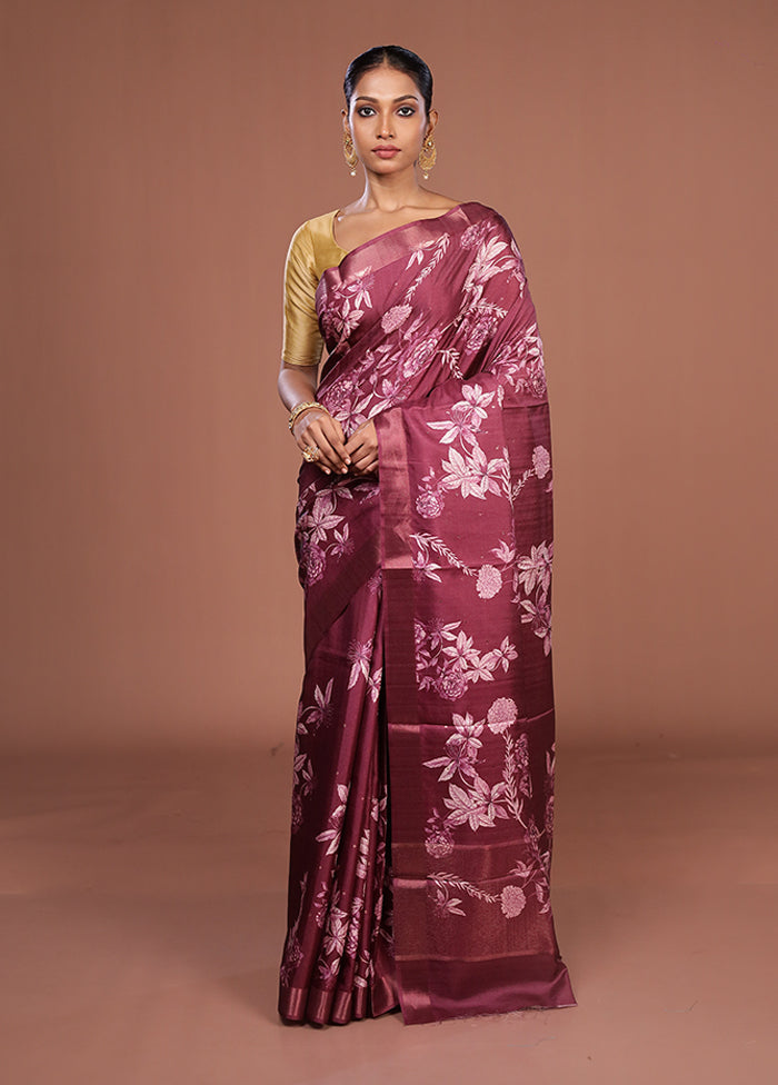 Purple Tussar Silk Saree With Blouse Piece