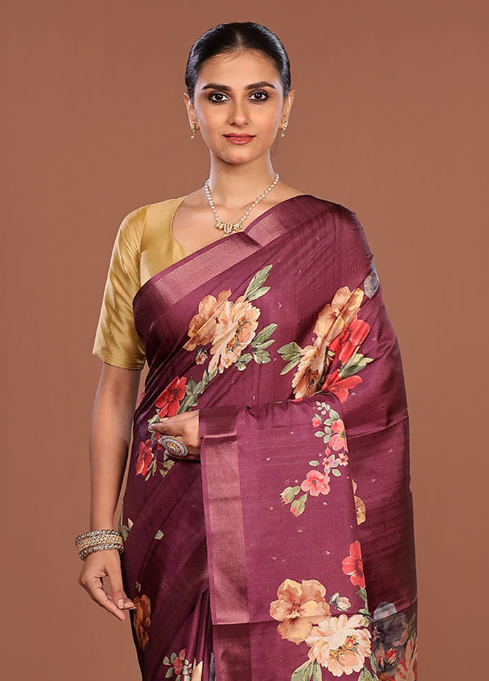 Purple Tussar Silk Saree With Blouse Piece