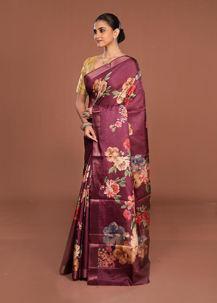 Purple Tussar Silk Saree With Blouse Piece