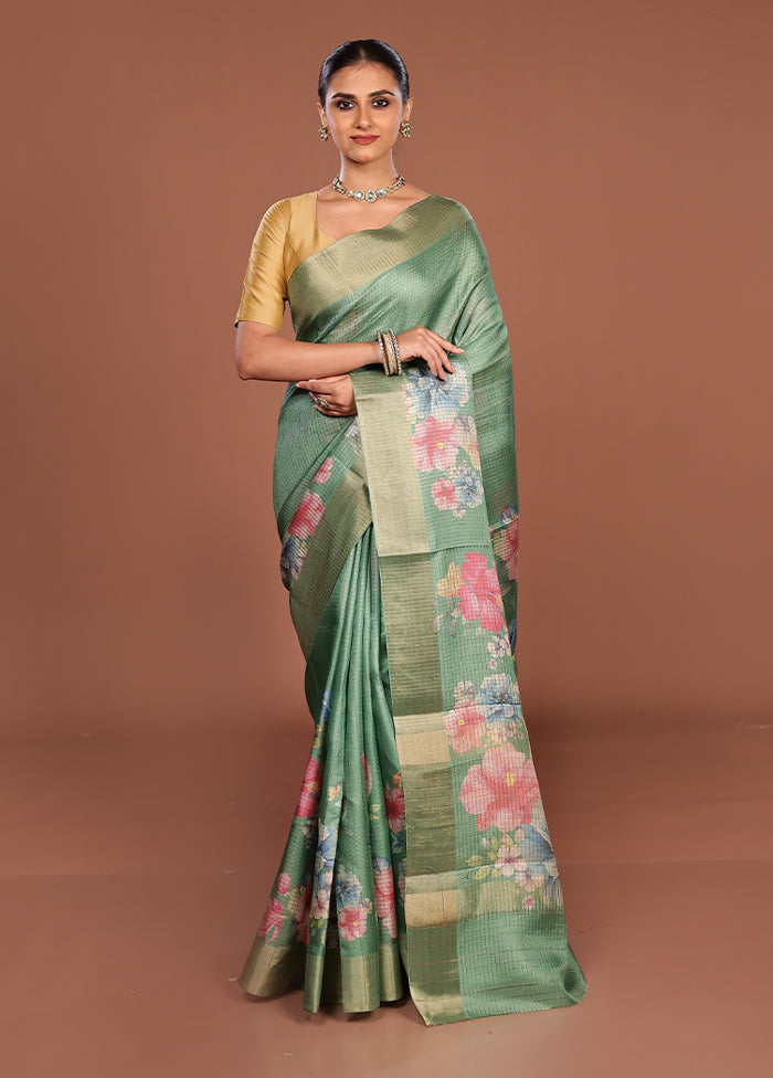 Green Tussar Silk Saree With Blouse Piece