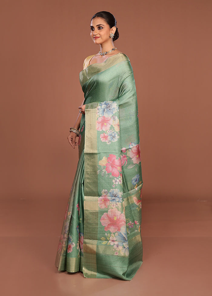 Green Tussar Silk Saree With Blouse Piece