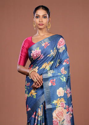 Blue Tussar Silk Saree With Blouse Piece