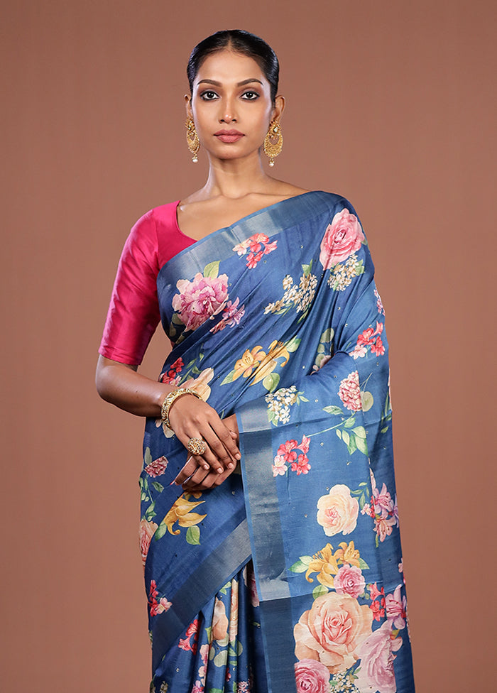Blue Tussar Silk Saree With Blouse Piece