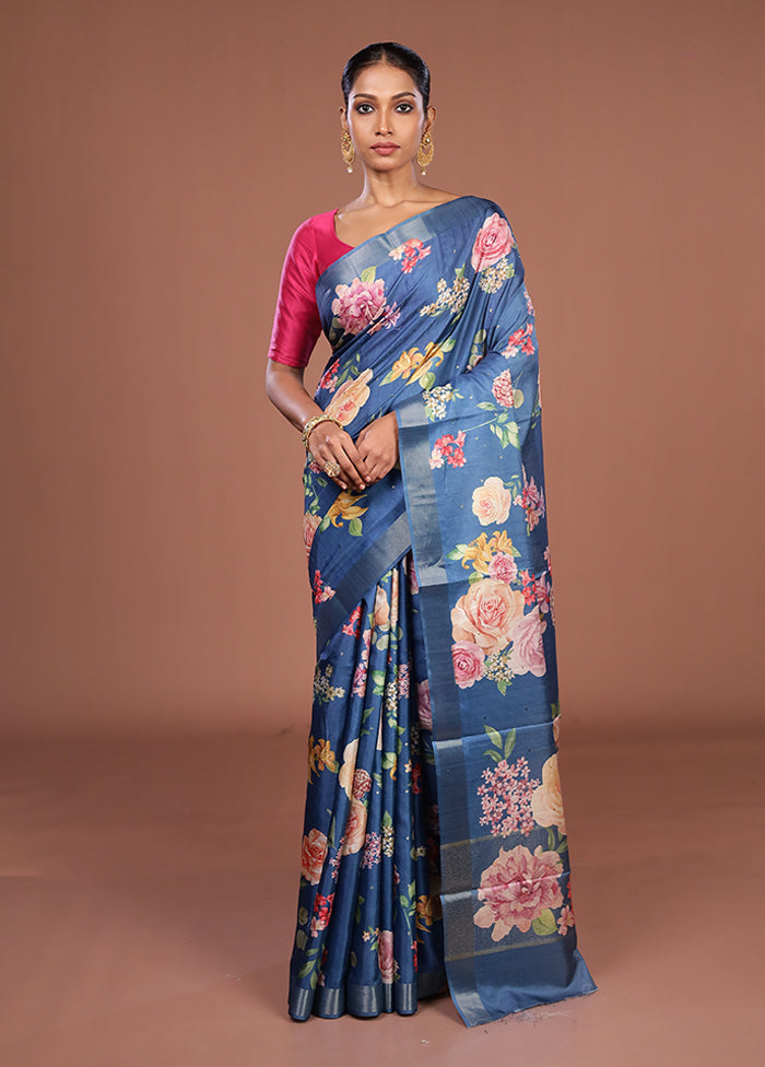 Blue Tussar Silk Saree With Blouse Piece