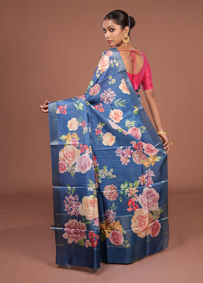 Blue Tussar Silk Saree With Blouse Piece