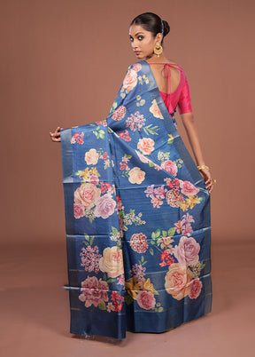 Blue Tussar Silk Saree With Blouse Piece