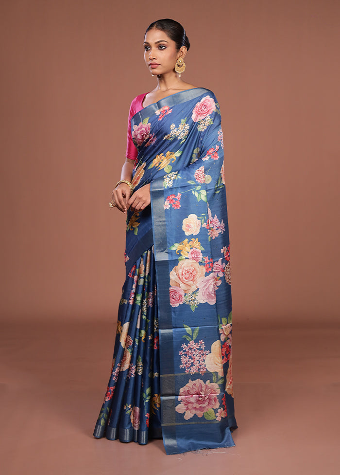 Blue Tussar Silk Saree With Blouse Piece