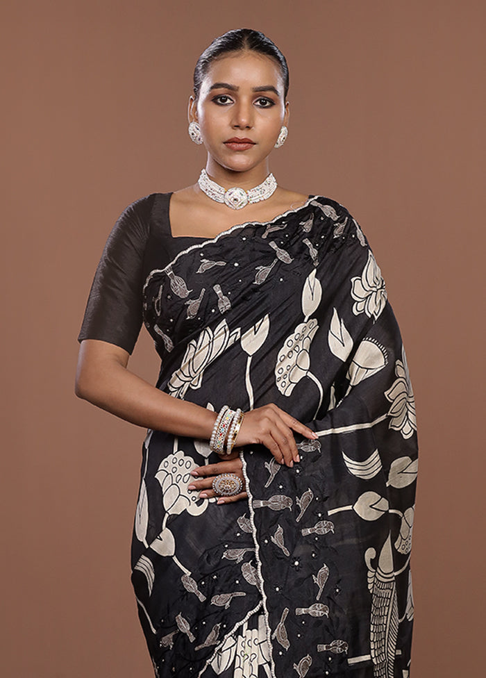 Black Tussar Silk Saree With Blouse Piece