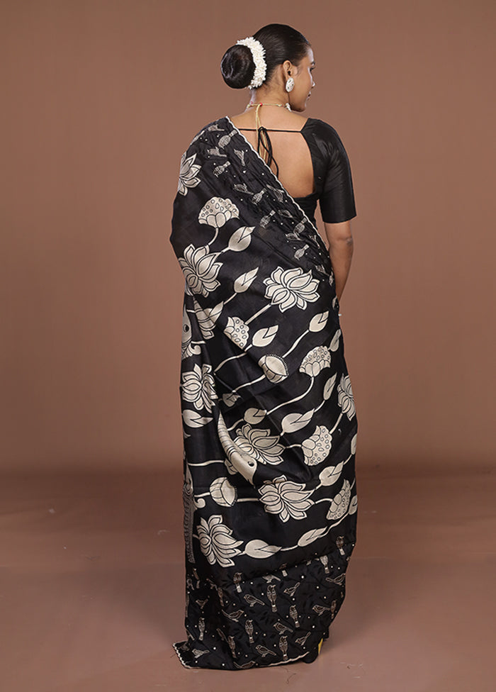 Black Tussar Silk Saree With Blouse Piece