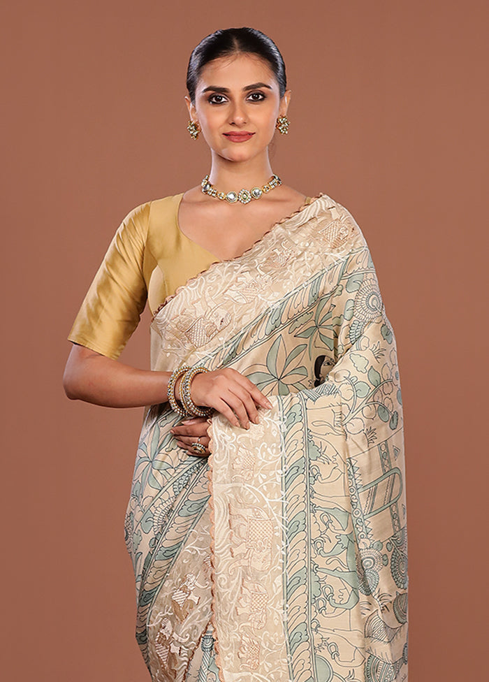 Cream Tussar Silk Saree With Blouse Piece