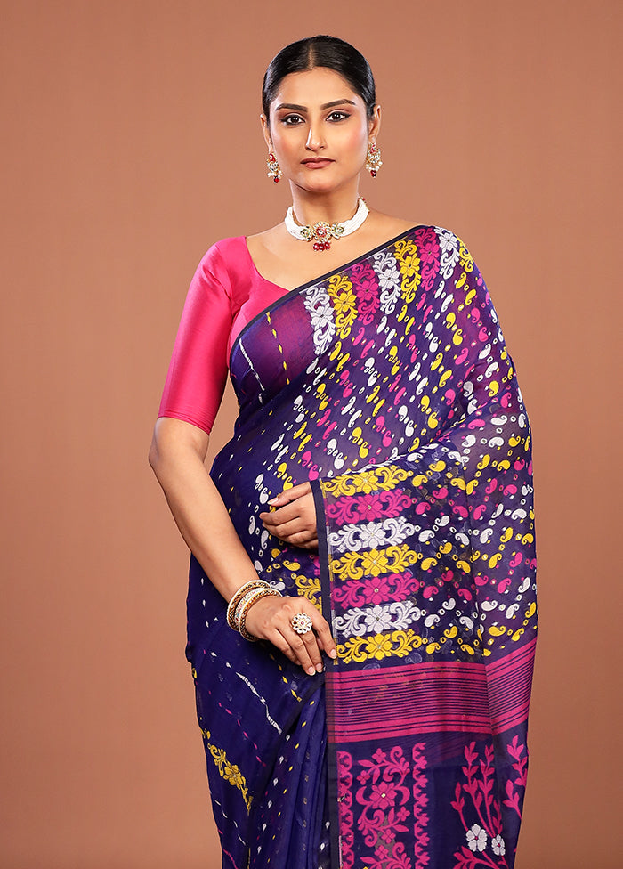 Blue Jamdani Cotton Saree Without Blouse Piece