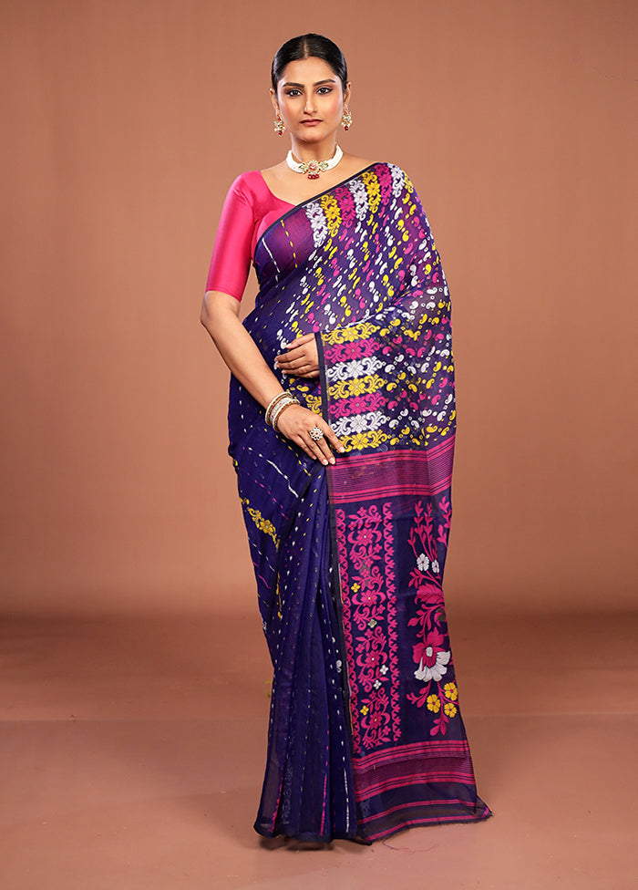 Blue Jamdani Cotton Saree Without Blouse Piece