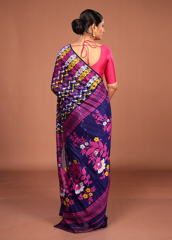 Blue Jamdani Cotton Saree Without Blouse Piece