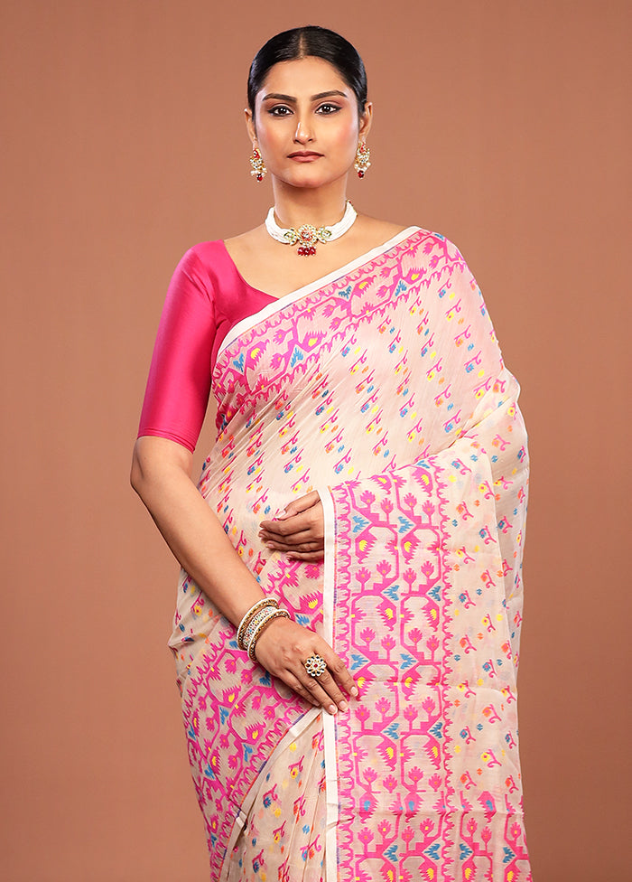 White Jamdani Cotton Saree Without Blouse Piece