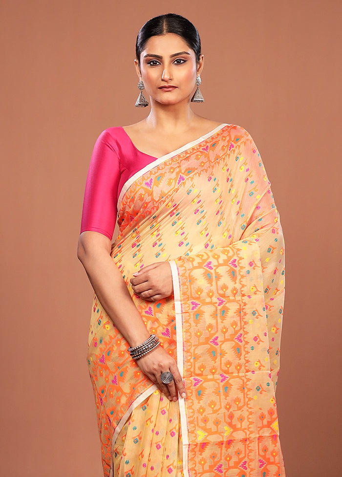 Cream Jamdani Cotton Saree Without Blouse Piece