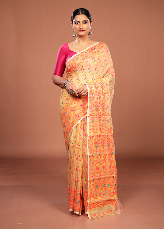 Cream Jamdani Cotton Saree Without Blouse Piece