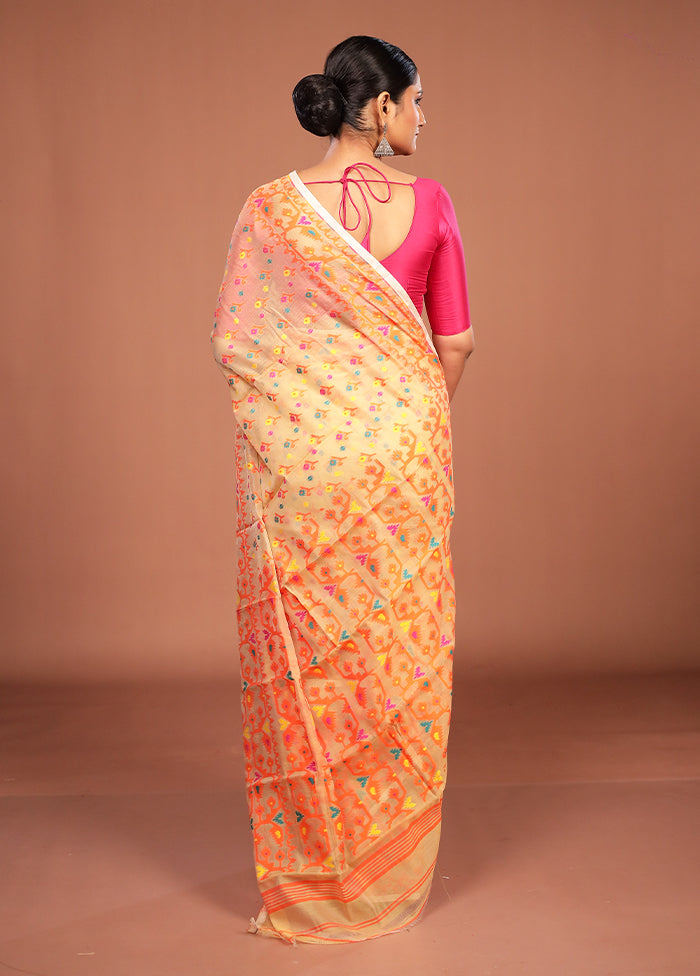 Cream Jamdani Cotton Saree Without Blouse Piece
