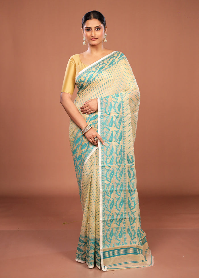 Cream Jamdani Cotton Saree Without Blouse Piece