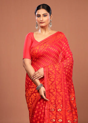 Maroon Jamdani Cotton Saree Without Blouse Piece