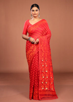 Maroon Jamdani Cotton Saree Without Blouse Piece