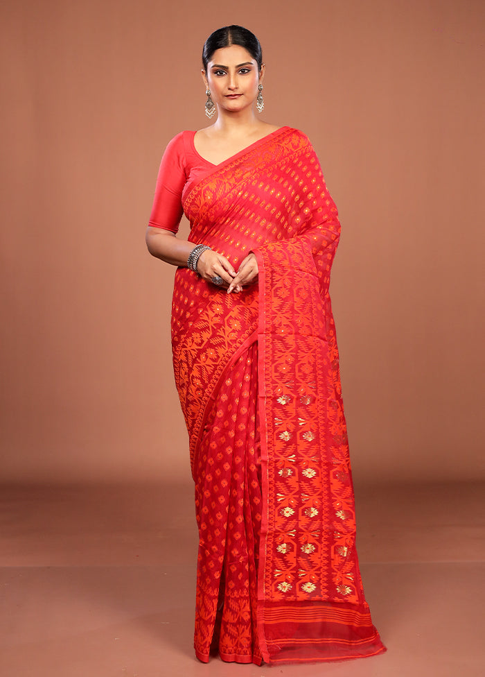 Maroon Jamdani Cotton Saree Without Blouse Piece