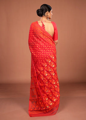 Maroon Jamdani Cotton Saree Without Blouse Piece