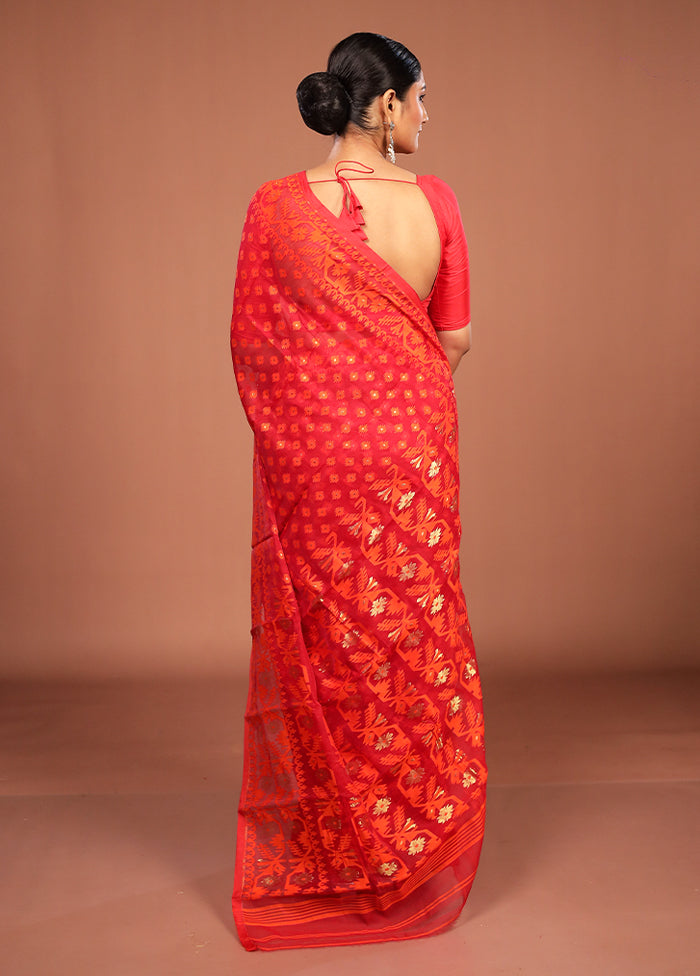 Maroon Jamdani Cotton Saree Without Blouse Piece