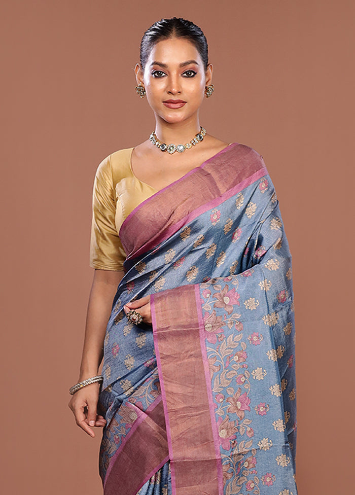 Blue Tussar Silk Saree With Blouse Piece