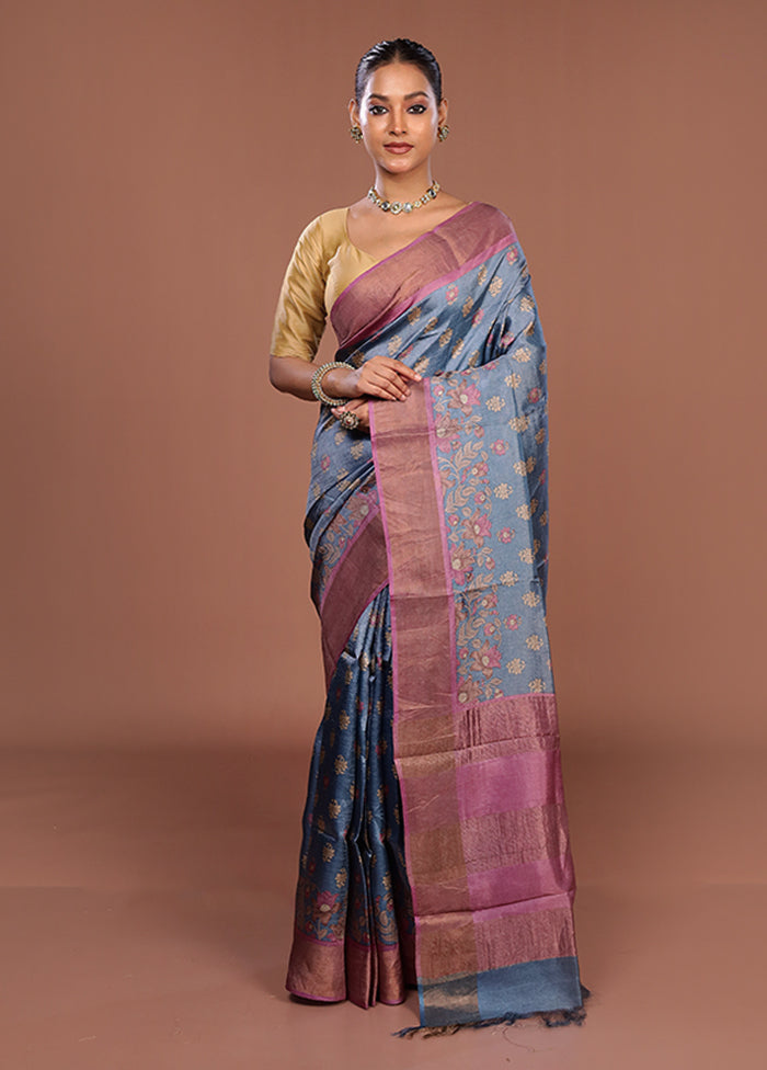 Blue Tussar Silk Saree With Blouse Piece