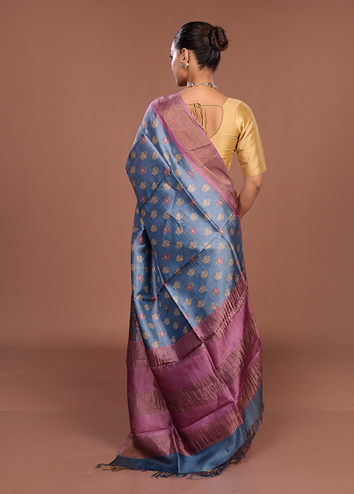 Blue Tussar Silk Saree With Blouse Piece