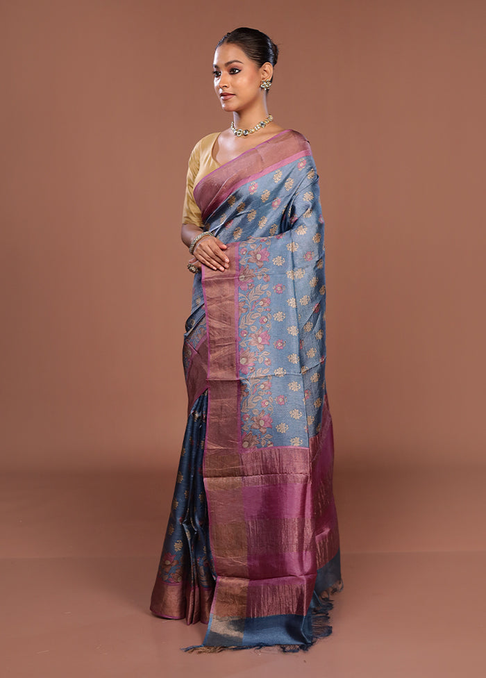Blue Tussar Silk Saree With Blouse Piece