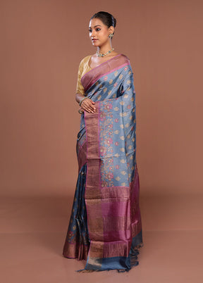 Blue Tussar Silk Saree With Blouse Piece