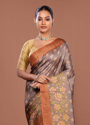 Grey Tussar Silk Saree With Blouse Piece