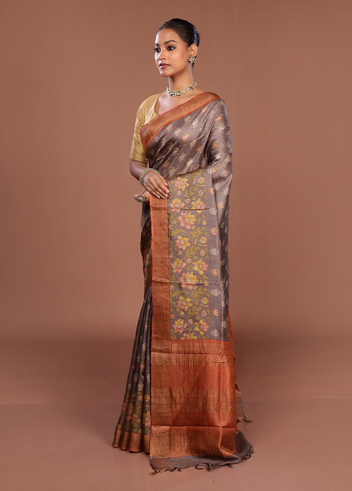 Grey Tussar Silk Saree With Blouse Piece