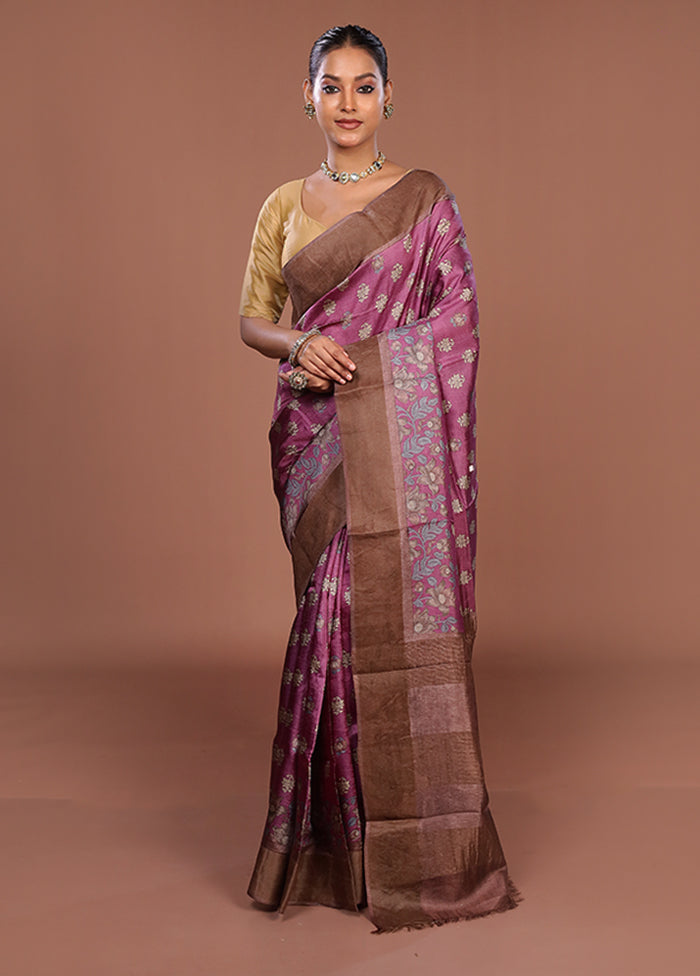 Purple Tussar Silk Saree With Blouse Piece