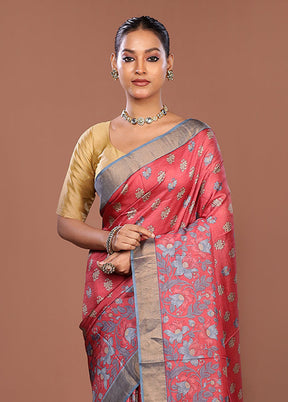 Pink Tussar Silk Saree With Blouse Piece