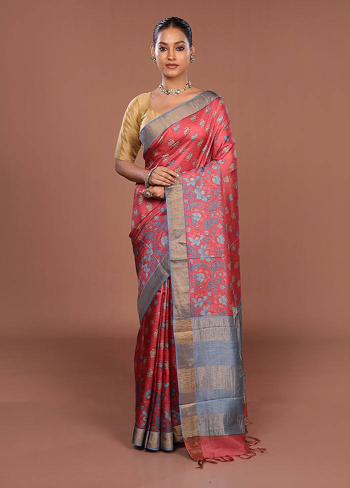 Pink Tussar Silk Saree With Blouse Piece