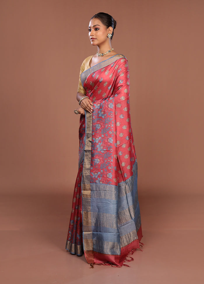 Pink Tussar Silk Saree With Blouse Piece