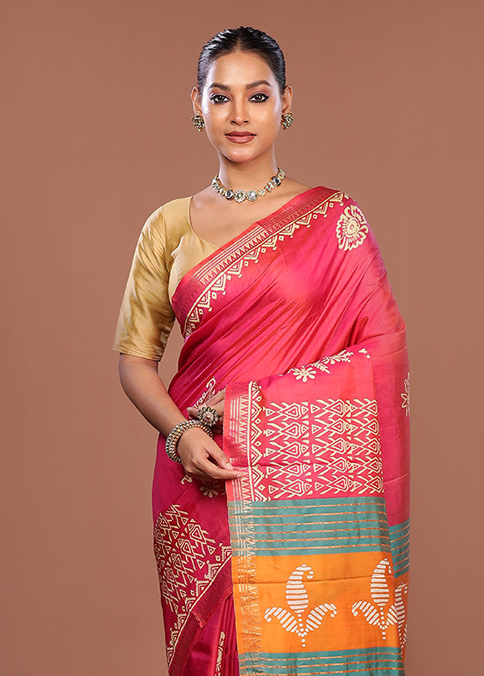 Pink Printed Pure Silk Saree Without Blouse Piece