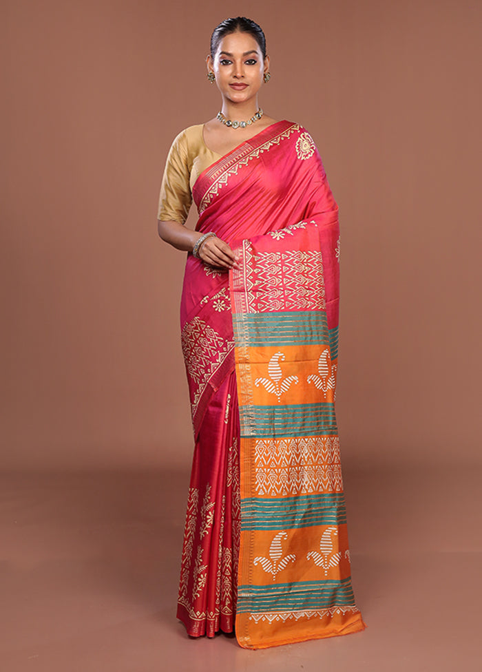 Pink Printed Pure Silk Saree Without Blouse Piece