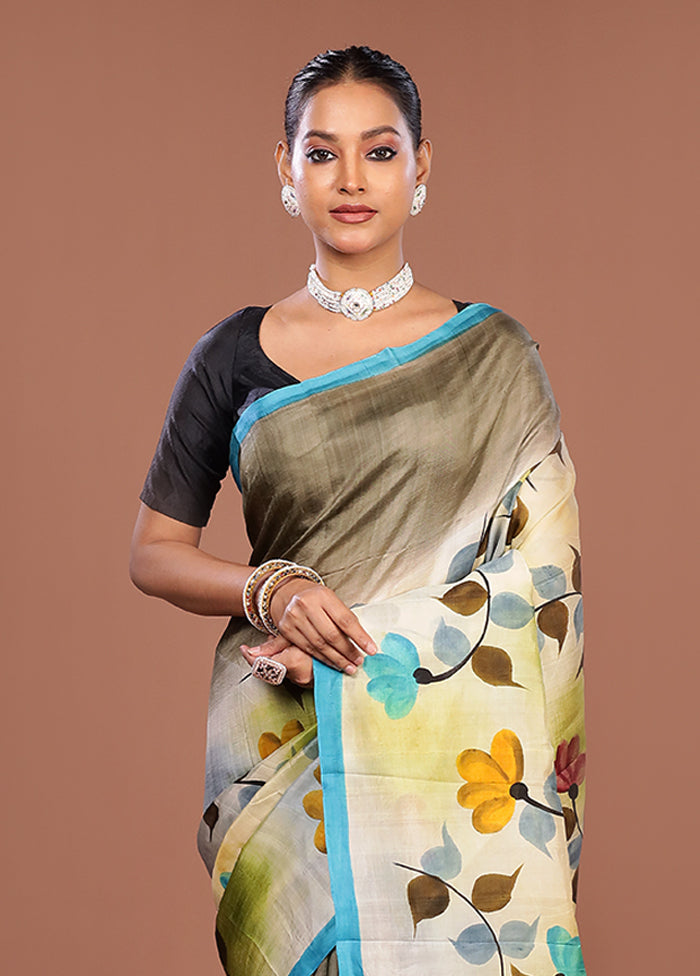 Cream Printed Pure Silk Saree Without Blouse Piece