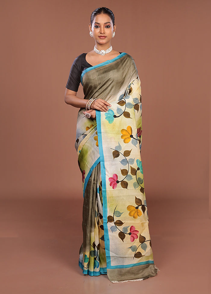 Cream Printed Pure Silk Saree Without Blouse Piece
