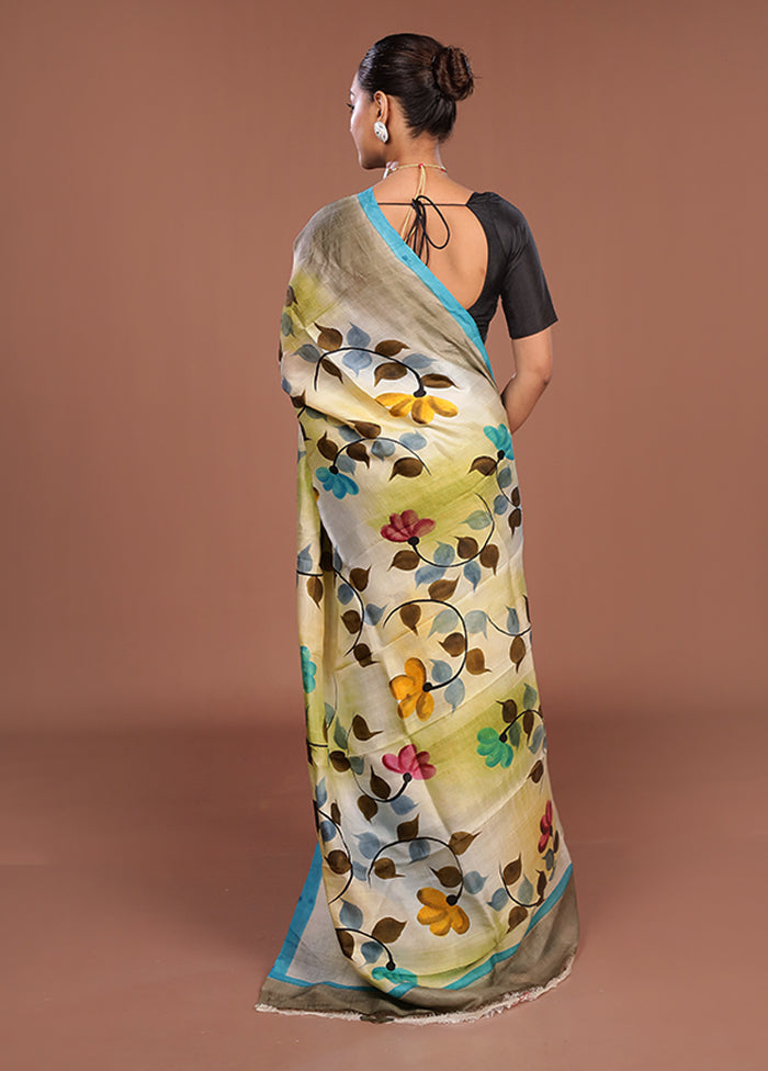 Cream Printed Pure Silk Saree Without Blouse Piece
