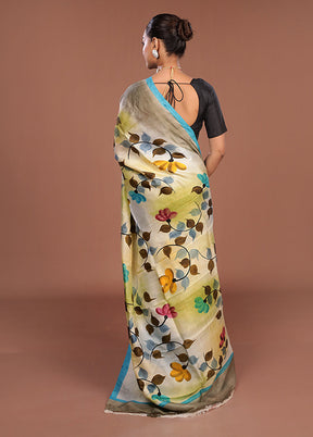 Cream Printed Pure Silk Saree Without Blouse Piece
