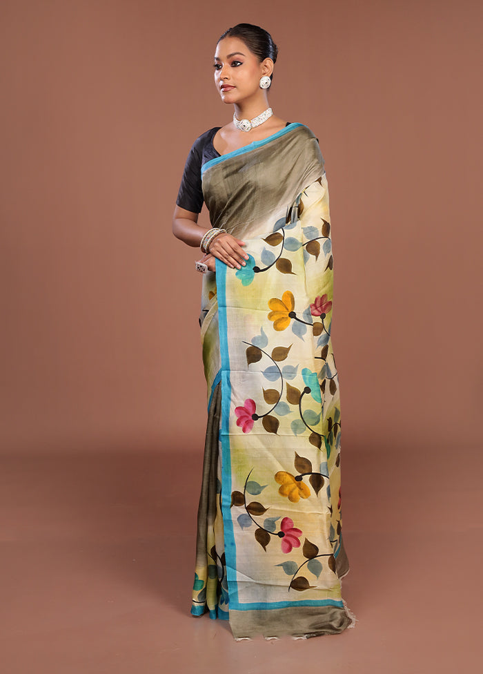 Cream Printed Pure Silk Saree Without Blouse Piece