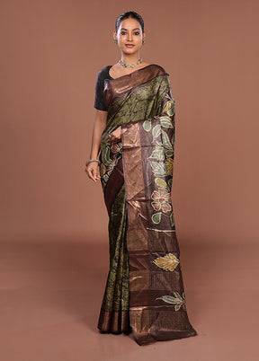 Cream Handloom Tussar Pure Silk Saree With Blouse Piece