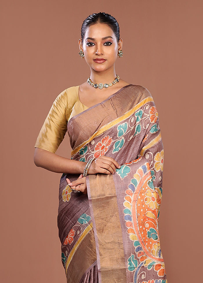 Cream Handloom Tussar Pure Silk Saree With Blouse Piece